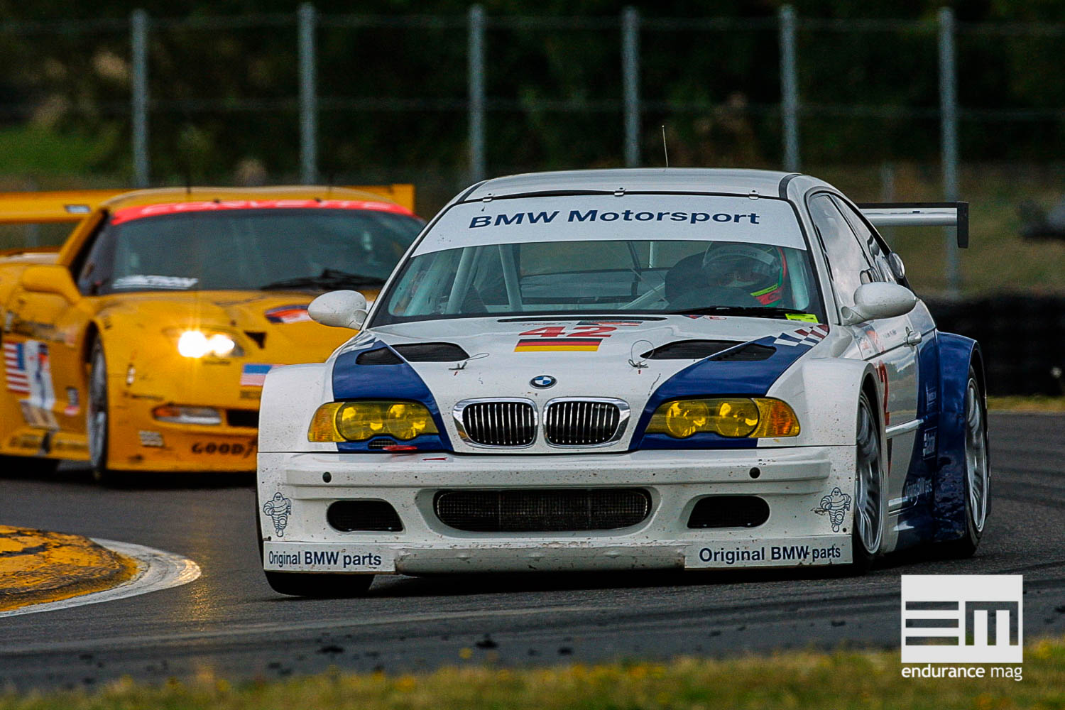 Jorg Muller (GER) in the BMW M3 GTR # 42 races in front during the ALMS race in Portland, Oregon, USA. Muller is teamed with J.J. Letho (FIN).