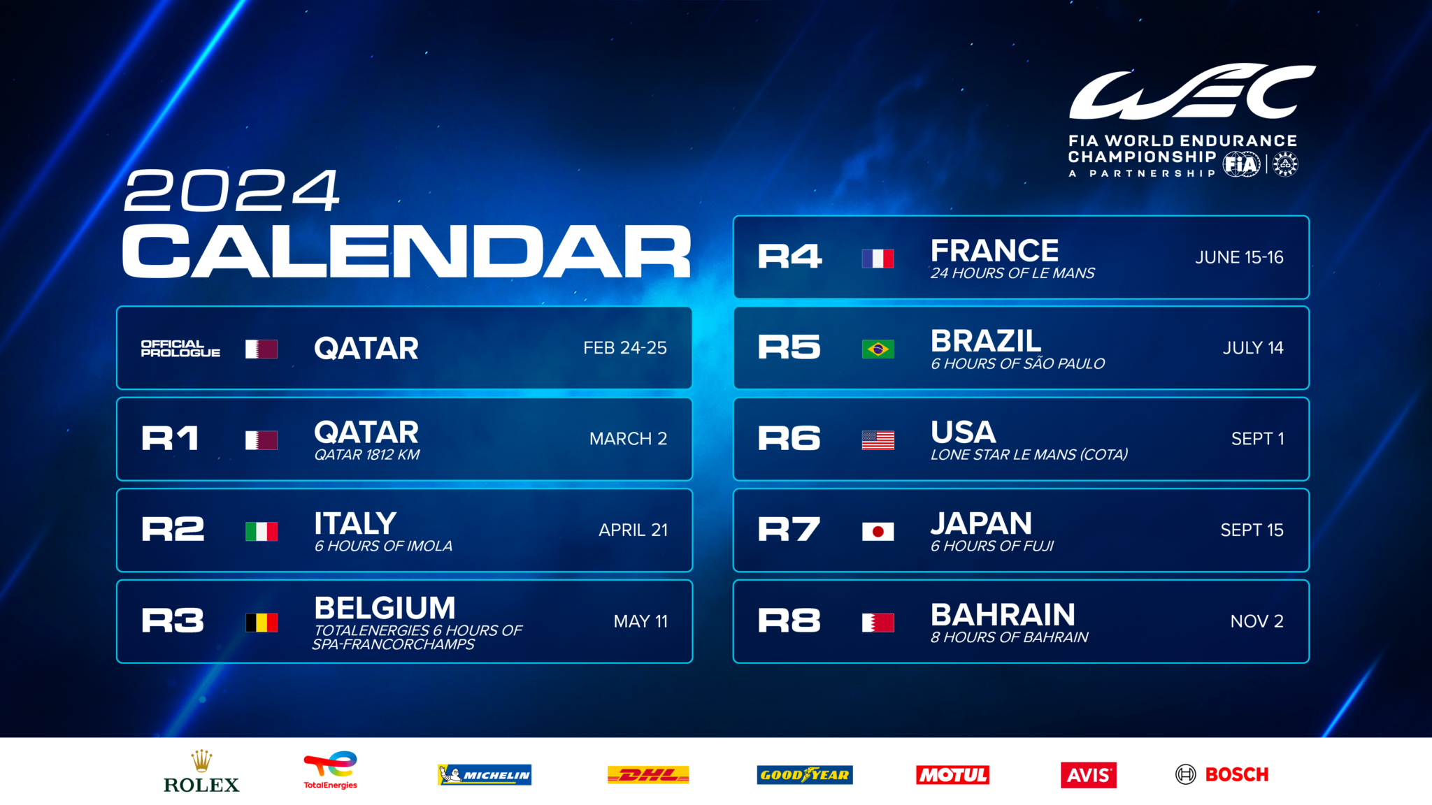 8 courses au calendrier du Championnat du Monde d'Endurance FIA WEC 2024